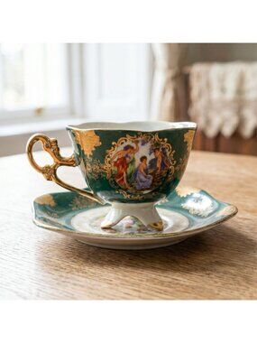 Vintage Shafford Japan Footed Teacup Saucer Three Graces Green Goddess